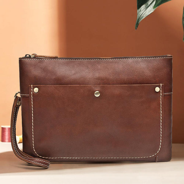 Large Brown MENS LEATHER SLIM ZIPPER CLUTCH Dark Coffee WRISTLET PURSE Envelope Briefcase Bag For Men - iwalletsmen