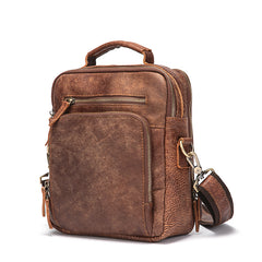 Brown Cool Leather Small Vertical Side Bag Briefcase Messenger Bag Brown Handbag Shoulder Bag For Men - iwalletsmen