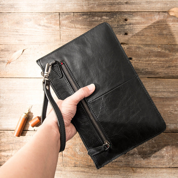Black Cool Leather Mens Wristlet Bag Long Zipper Clutch Wallet Long Wallet Envelope Bag for Men - iwalletsmen
