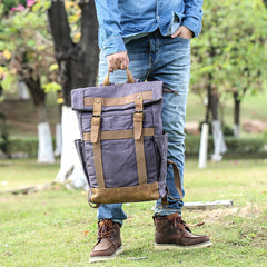 Waxed Canvas Leather Mens 15‘’ Gray College Backpack Travel Backpack Hiking Backpack for Men - iwalletsmen