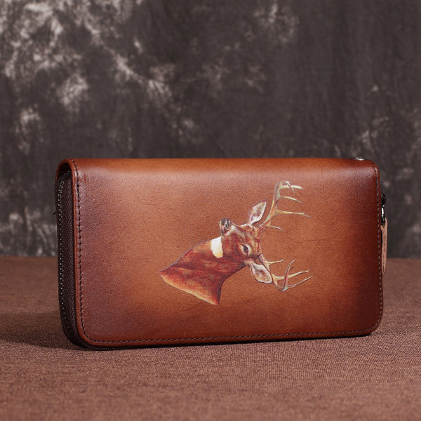 Brown Vintage Deer Wallet Leather Mens Womens Gray Long Wallet Zipper Clutch Wallet For Men - iwalletsmen