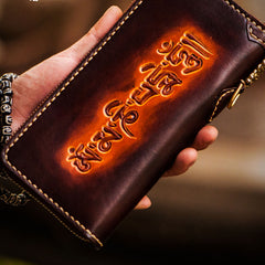 Handmade Leather Mens Tooled Eagle Chain Biker Wallet Cool Leather Wallet Long Clutch Wallets for Men