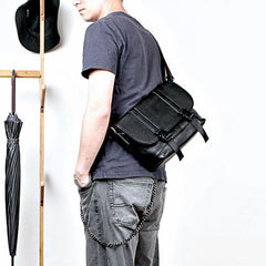 Black Leather Mens Casual Side Bag Courier Bag Black Messenger Bags Black Postman Bag For Men - iwalletsmen
