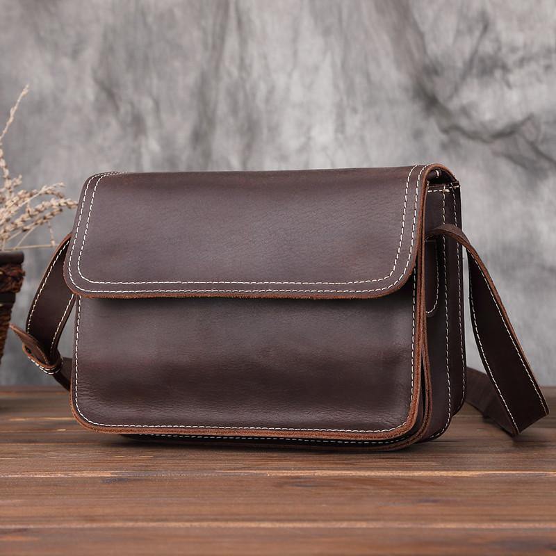 Brown Cool Leather Small Messenger Bag Satchel Postman Bag Coffee Side Bag Courier Bag For Men - iwalletsmen