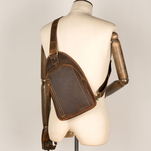 Vintage Brown Leather Mens Sling Bag Cool Crossbody Pack Chest Bags for men - iwalletsmen