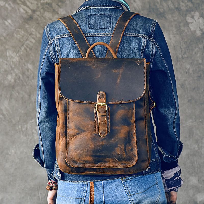 Vintage Leather Mens 13" Travel Backpack Brown College Laptop Backpack for Men - iwalletsmen