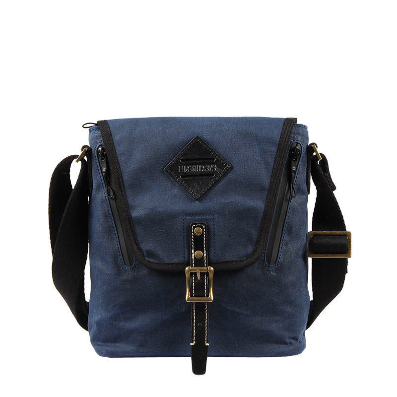 Vertical Waxed Canvas Leather Mens Gray Side Bag Messenger Bags Blue Waxed Canvas Courier Bag for Men - iwalletsmen