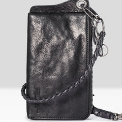 Genuine Mens Cool Long Leather Chain Wallet Cards Biker Trucker Wristlet Wallet