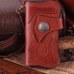Handmade Genuine Leather Mens Cool Biker Chain Wallet Long Leather Wallet Clutch Wristlet Wallet for Men