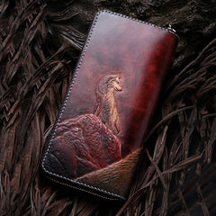 Handmade Leather Mens Clutch Wallet Cool Wolf Tooled Wallet Long Zipper Wallets for Men
