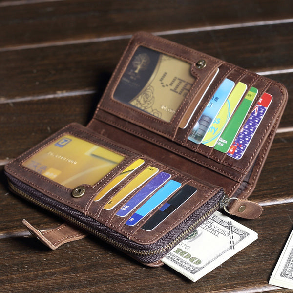 Vintage Brown Leather Men's Bifold Long Wallet Cool Zipper Long Wallet Clutch For Men - iwalletsmen