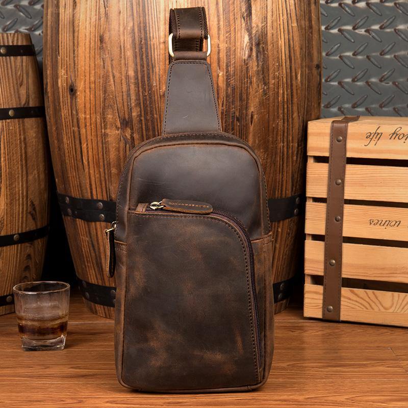 Dark Brown Leather Mens Cool Sling Bags Brown Crossbody Pack Chest Bag One Shoulder Backpack for men - iwalletsmen