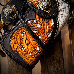 Handmade Leather Tooled Floral Mens Chain Biker Wallet Cool Leather Wallet With Chain Wallets for Men
