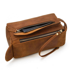 Brown Leather Men's Clutch Bag Double Zipped Dark Brown Wristlet Handbag Storage Bag For Men - iwalletsmen