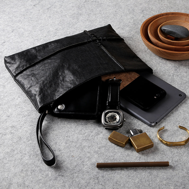 Fashion Leather Men's Black Envelope Clutch Wristlet Clutch Business Clutch For Men - iwalletsmen