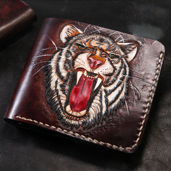 Handmade Leather Tiger Tooled Mens billfold Wallet Cool Leather Wallet Slim Wallet for Men
