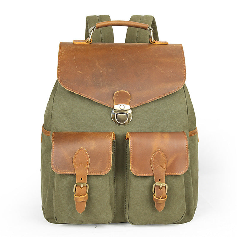 Canvas Leather Mens 14" Black Computer Backpack Green Travel Backpack Khaki College School Backpack for Men - iwalletsmen