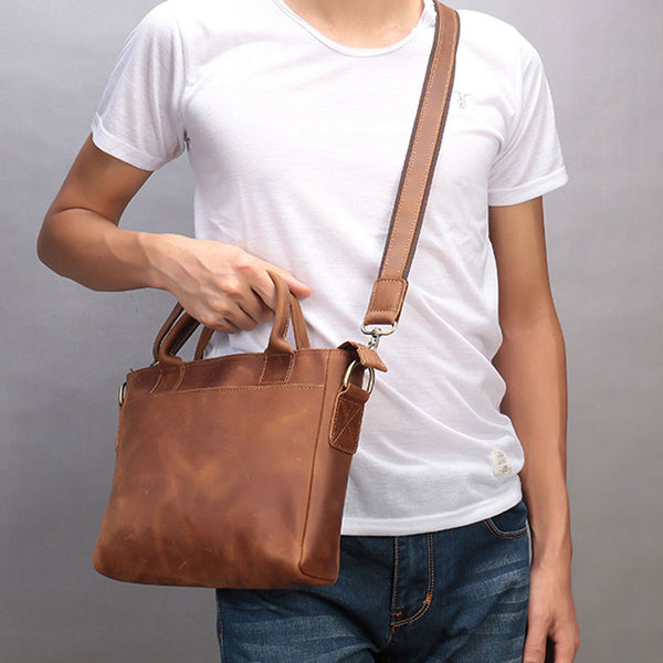 Cool Brown Leather Mens Vintage Small Briefcase Work Bag Shoulder Bag For Men - iwalletsmen