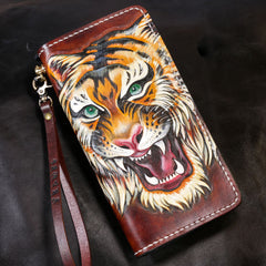 Handmade Leather Tiger Tooled Mens Chain Biker Wallet Cool Leather Wallet Long Phone Wallets for Men