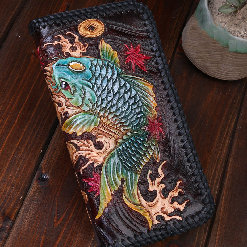 Handmade Leather Mens Clutch Wallet Tooled Cool Carp Wallet Long Zipper Wallets for Men