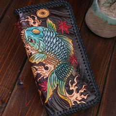 Handmade Leather Mens Clutch Wallet Tooled Cool Carp Wallet Long Zipper Wallets for Men