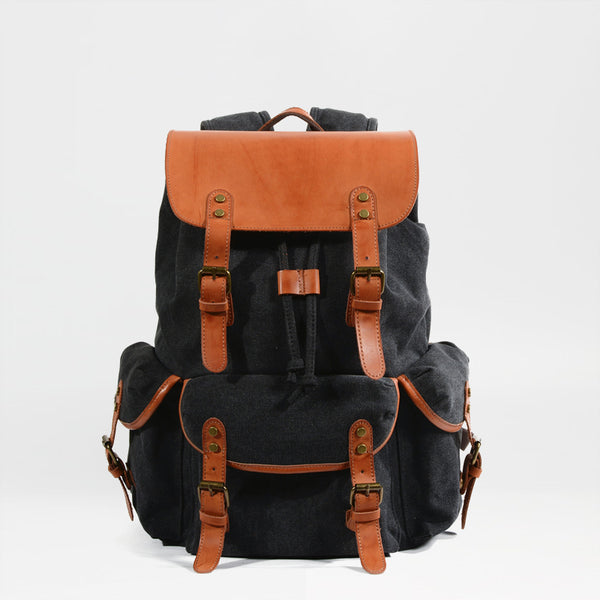 Black Waxed Canvas Mens Waterproof Large Hiking Bag Travel Bag 15.6‘’ Computer Bag for Men - iwalletsmen