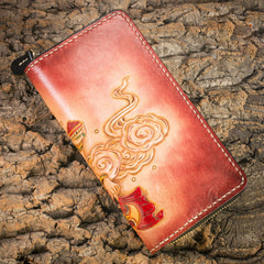 Handmade Leather Mens Clutch Wallet Tooled Cool Ganesha Wallet Long Zipper Wallets for Men
