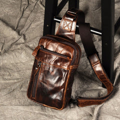 Genuine Leather Mens Cool Chest Bag Sling Bag Crossbody Bag Travel Bag Hiking Bag for men