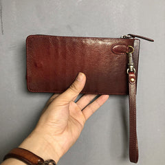 Genuine Leather Mens Cool Long Leather Wallet Cards Phone Zipper Clutch Wristlet Wallet for Men