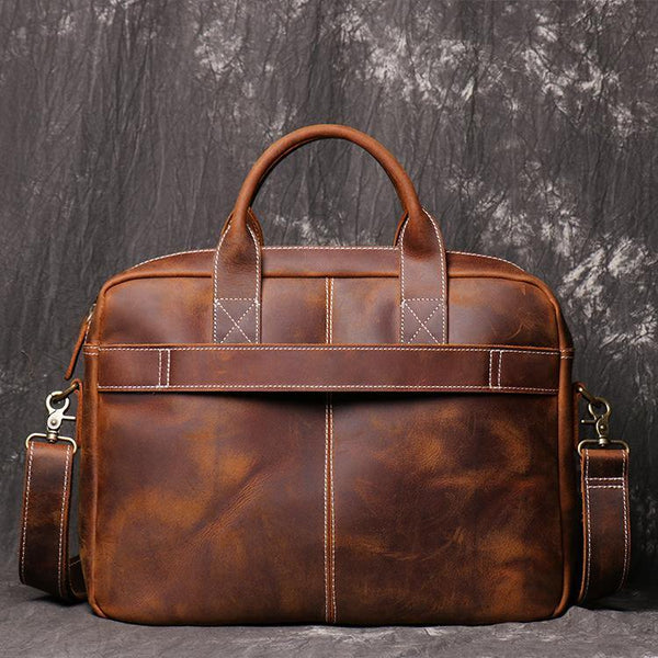 Brown Leather Men 14 inches Vintage Briefcase Handbag Dark Coffee Laptop Handbag Side Bag For Men - iwalletsmen