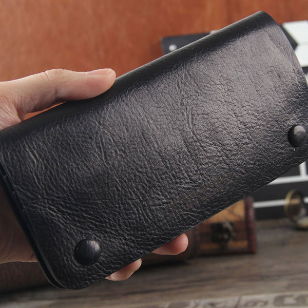 Handmade Genuine Leather Mens Cool Long Leather Wallet Bifold Clutch Wallet for Men