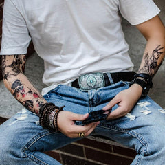 Handmade Genuine Leather Punk Rock Colour Enamels Floral Mens Cool Men Biker Trucker Leather Belt