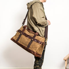 Khaki Waxed Canvas Leather Mens Waterproof Large Weekender Bag Travel Bag Luggage Bag for Men - iwalletsmen