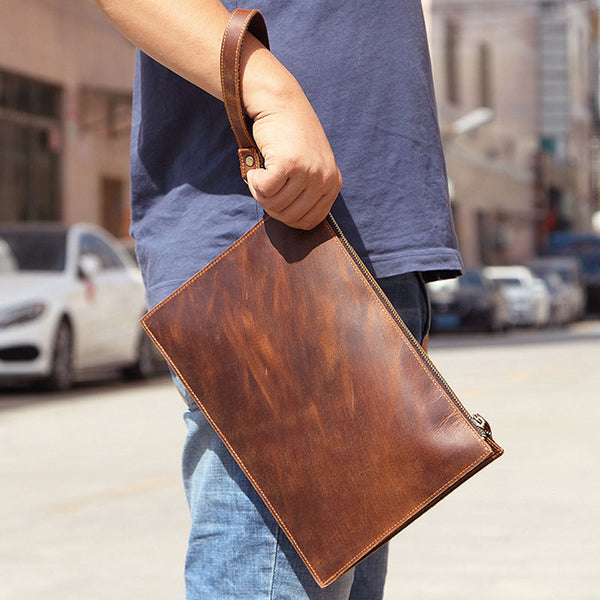 Brown MENS LEATHER SLIM ZIPPER CLUTCH WRISTLET PURSE CLUTCH BAGs FOR MEN - iwalletsmen