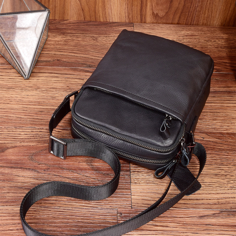 Black Leather Mens Tablet Messenger Bag Small Side Bag Black Shoulder