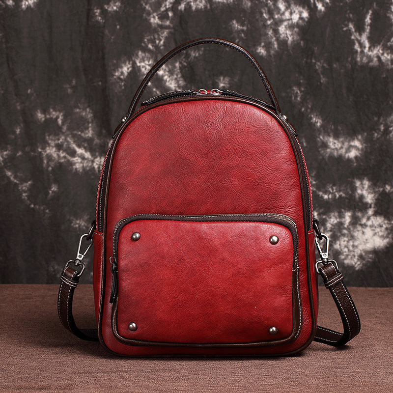 Brown Cool LEATHER Womens Small Red Backpack Mini College Backpack For Women - iwalletsmen