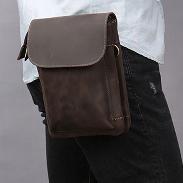 Cool Dark Brown Leather Mens Belt Pouch Small Side Bag Belt Bag For Men - iwalletsmen