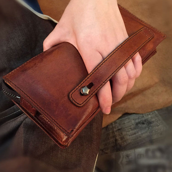 Handmade Genuine Leather Mens Cool Long Wallet Wristlet Bifold Clutch Wallet for Men