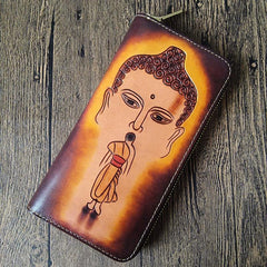 Brown Handmade Ganesha Leather Long Wallet Zipper Wallet Clutch Wallet For Men - iwalletsmen