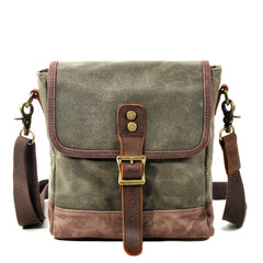 Cool Canvas Leather Mens Small Green Messenger Bag Vertical Side Bag Shoulder Bag For Men - iwalletsmen