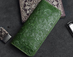 Handmade Leather Floral Mens Cool Travel Long Wallet Card Holder Card Slim Clutch Wallets for Men