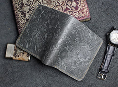 Handmade Leather Floral Mens Cool Slim Leather Wallet Men billfold Wallets Bifold for Men