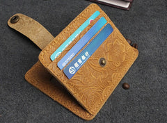 Handmade Leather Floral Mens Cool Front Pocket Wallet billfold Wallet Card Holder Small Card Slim Wallets for Men