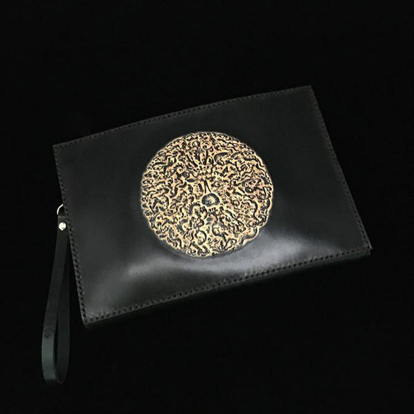 Black Handmade Tooled Leather Totem Clutch Wallet Wristlet Bags Clutch Purse For Men - iwalletsmen