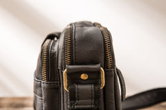 black messenger bag small Black Leather Messenger Bag Men's Black Crossbody Bag Small Black Messenger Bag