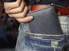 Handmade Leather Mens Cool Slim Leather Wallet Men Zipper billfold Wallets Bifold for Men