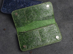 Handmade Leather Floral Mens Cool Travel Long Wallet Card Holder Card Slim Clutch Wallets for Men
