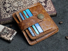 Handmade Leather Floral Mens Cool Front Pocket Wallet billfold Wallet Card Holder Small Card Slim Wallets for Men