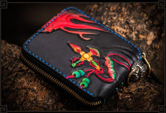 Handmade Leather Chinese Lion Tooled Mens billfold Wallet Cool Chain Wallet Biker Wallet for Men