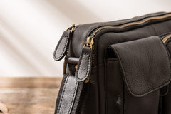 black small messenger bag Black Leather Messenger Bag Men's Black Crossbody Bag Small Black Messenger Bag